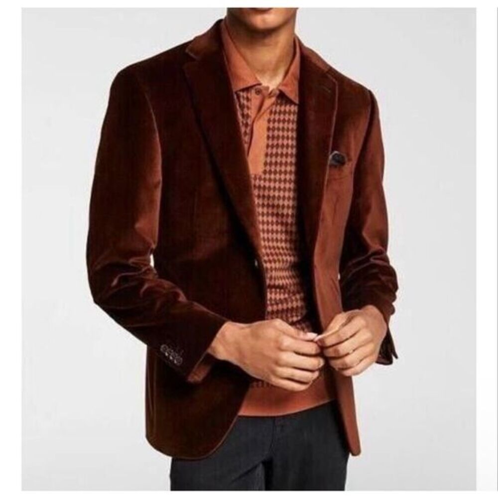 Alfani Sport Coat Mens Medium Brown Slim-Fit Velvet Two-Button Blazer Jacket